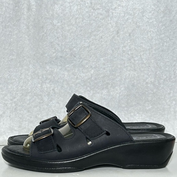 Flexus Womens Black Decca Leather 2-Strap Slide Wedge Sandals SZ EU 39 US 8.5 - Picture 2 of 12